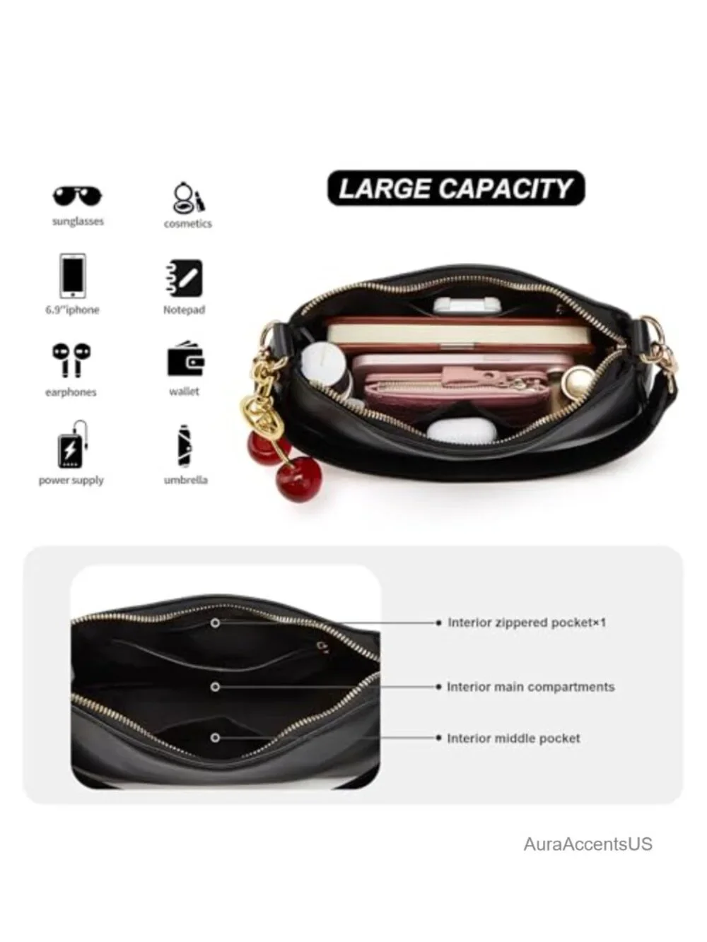 PU Leather Hobo Shoulder Bag with Removable Straps, Cherry Charm